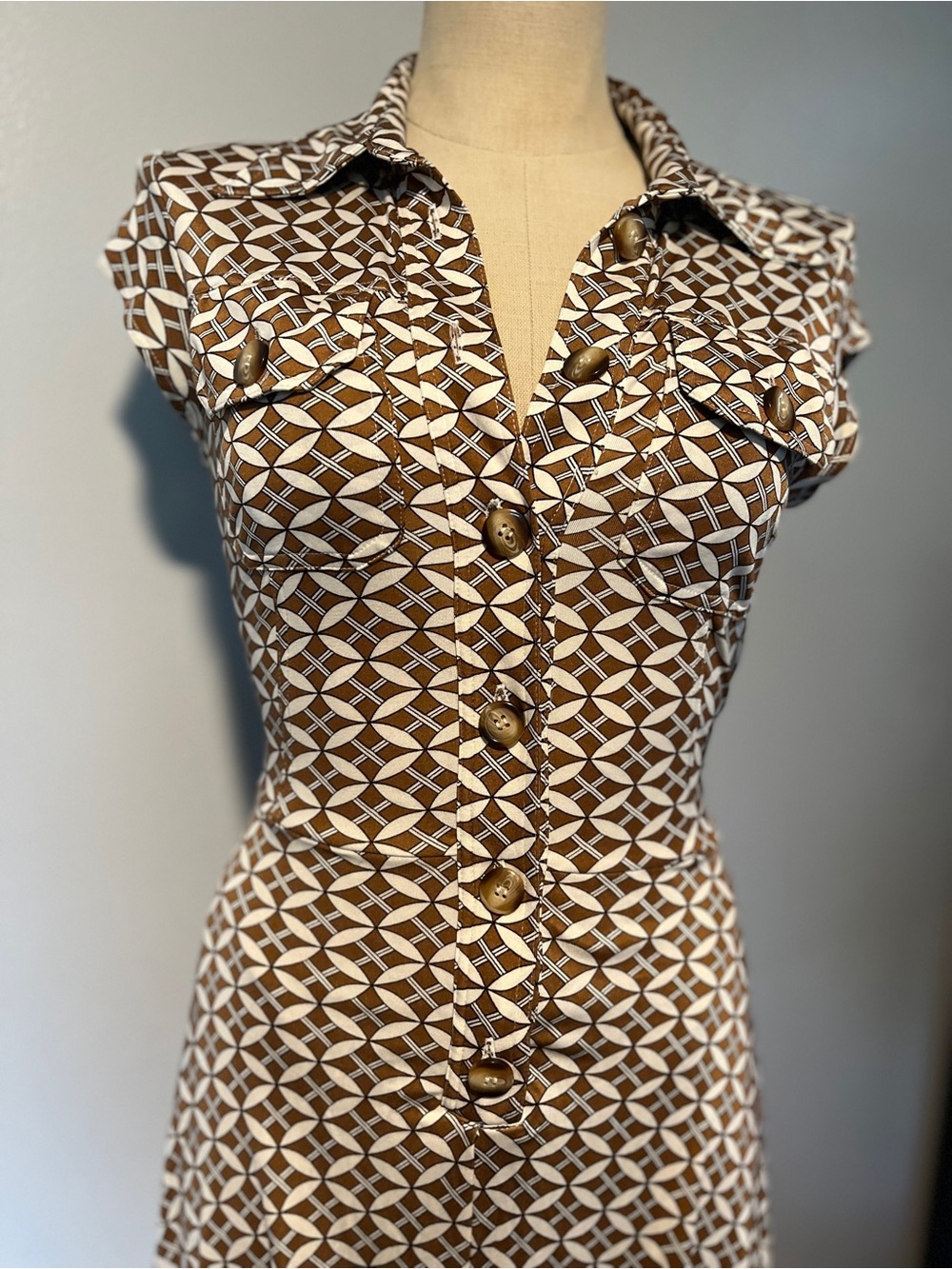 Mara Hoffman 100% Silk Brown & Cream retro midi dress, small